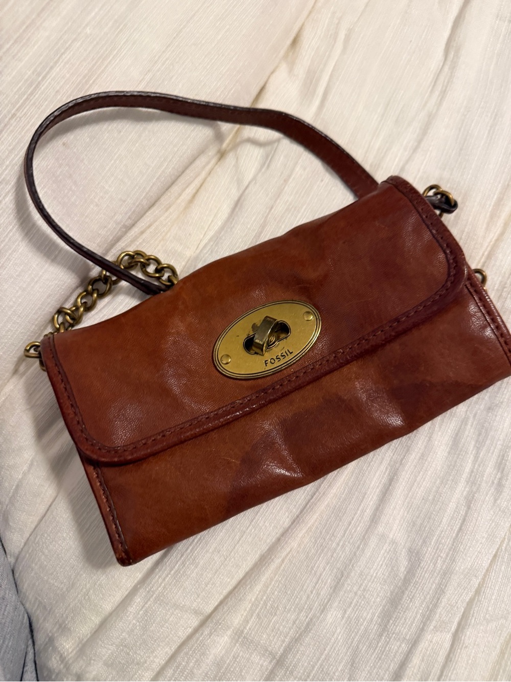 Fossil Cognac Brown Leather Wristlet with Brass Turnlock